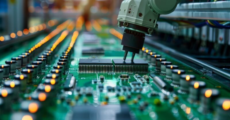Robotic arm assembling circuit boards with precision in a high-tech factory